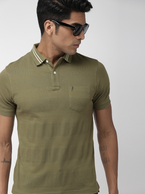 

Indian Terrain Men Olive Green Self-Design Polo Collar T-shirt