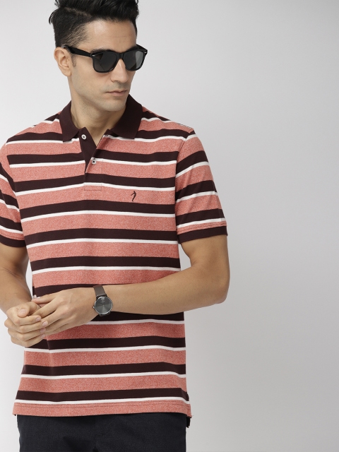 

Indian Terrain Men Brown Peach-Coloured Striped Polo Pure Cotton T-shirt