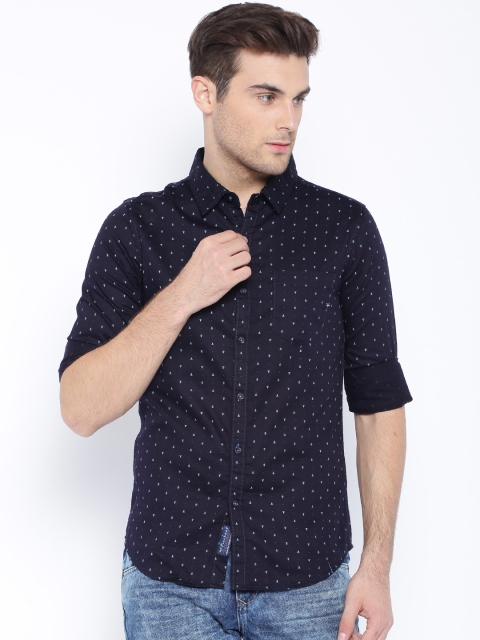 

Freehand Navy Printed Slim Fit Casual Shirt, Navy blue