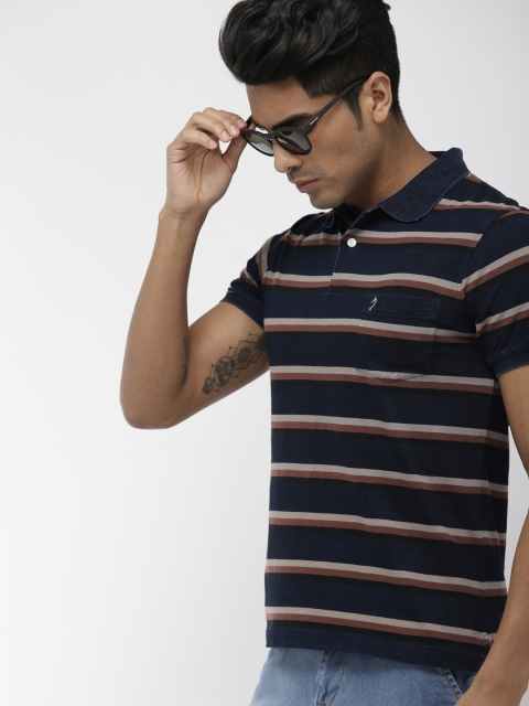 

Indian Terrain Men Navy Blue Brown Striped Polo Collar Pure Cotton T-shirt