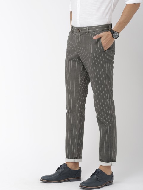 

Indian Terrain Men Grey & Off-White Brooklyn Slim Fit Striped Regular Trousers