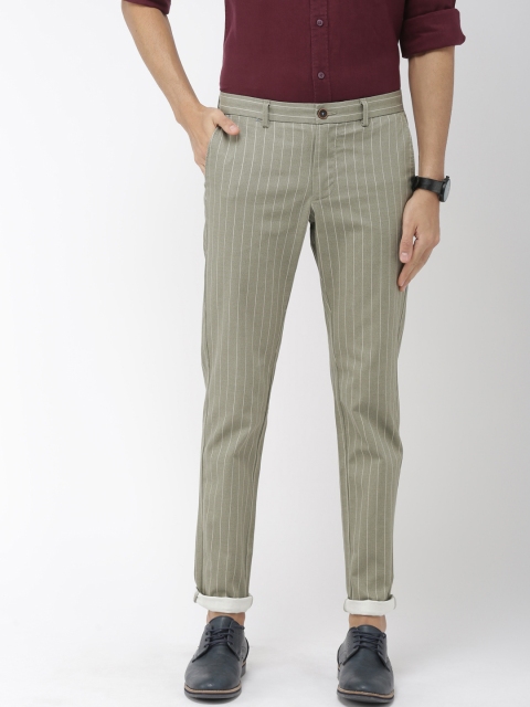 

Indian Terrain Men Olive Green & Off-White Brooklyn Slim Fit Striped Regular Trousers