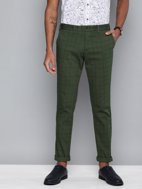 

Indian Terrain Men Olive Green Urban Comfort Fit Checked Regular Trousers