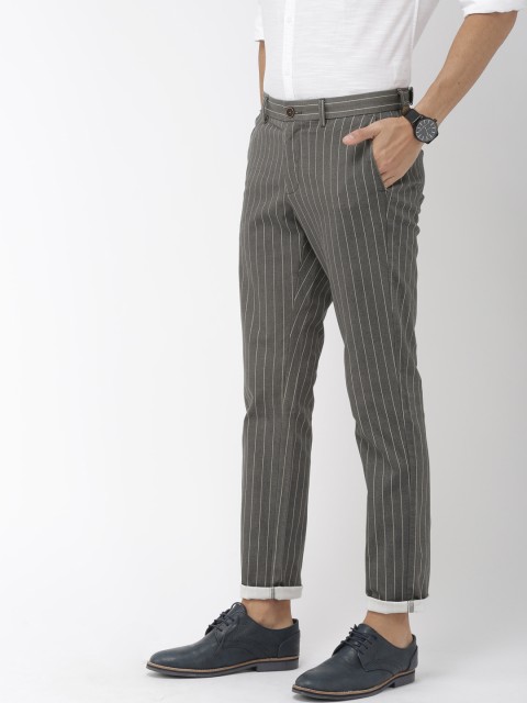 

Indian Terrain Men Grey & Off-White Brooklyn Slim Fit Striped Regular Trousers