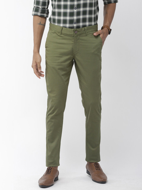 

Indian Terrain Men Olive Green Kruger Skinny Fit Self Design Regular Trousers