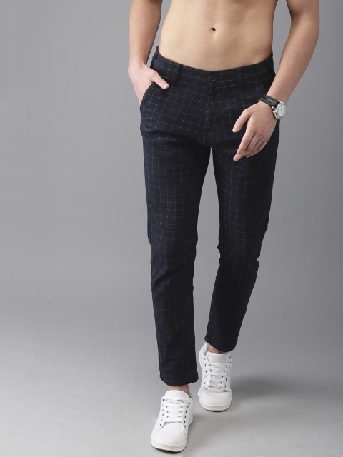 

HERE&NOW Men Navy Blue Slim Fit Checked Ankle-length Regular Trousers