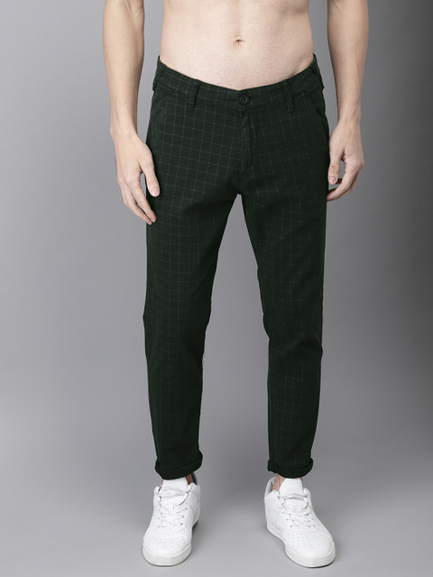 

HERE&NOW Men Green & Grey Slim Fit Checked Chinos