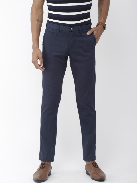 

Indian Terrain Men Navy Blue & Purple Brooklyn Slim Fit Printed Regular Trousers