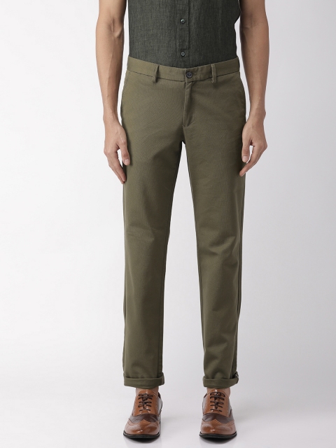 

Indian Terrain Men Olive Green Self Design Kansas Regular Fit Regular Trousers
