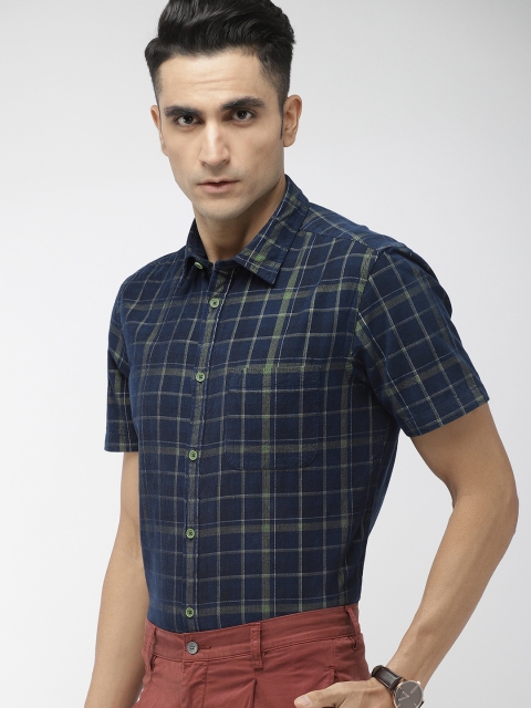 

Indian Terrain Men Navy Blue & Green Slim Fit Checked Smart Casual Shirt