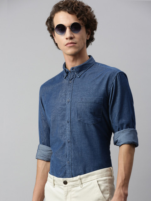 

Indian Terrain Men Navy Blue Slim Fit Self-Striped Smart Casual Shirt