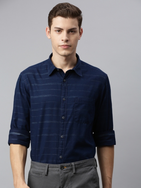 

Indian Terrain Men Navy Blue & White Slim Fit Striped Smart Casual Shirt