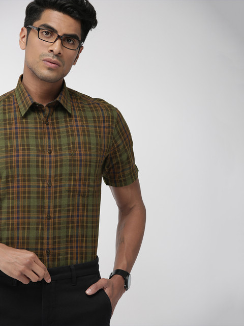 

Indian Terrain Men Olive Green & Brown Slim Fit Checked Smart Casual Shirt