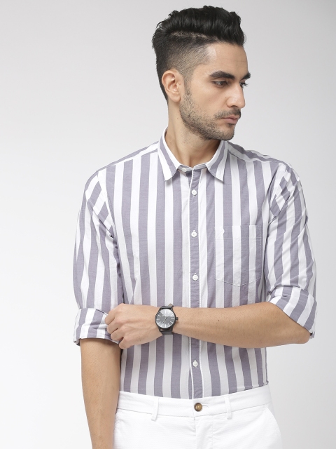 

Indian Terrain Men White & Violet Chiseled Slim Fit Striped Casual Shirt