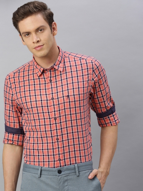 

Indian Terrain Men Coral Pink & Navy Blue Chiseled Fit Checked Casual Shirt