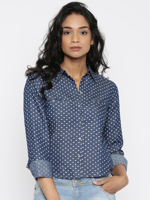 

Vero Moda Navy Printed Denim Casual Shirt, Navy blue