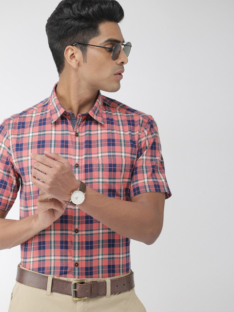 

Indian Terrain Men Coral Orange & Navy Blue Slim Fit Checked Casual Shirt