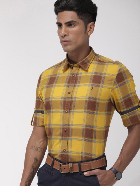 

Indian Terrain Men Yellow & Brown Slim Fit Checked Smart Casual Shirt