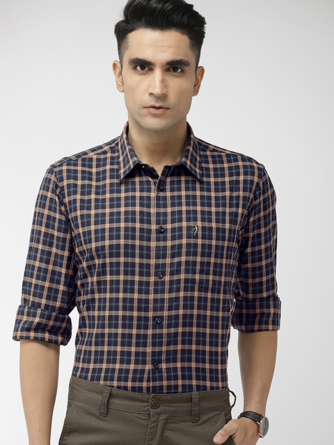 

Indian Terrain Men Teal Blue & Beige Slim Fit Checked Smart Casual Shirt
