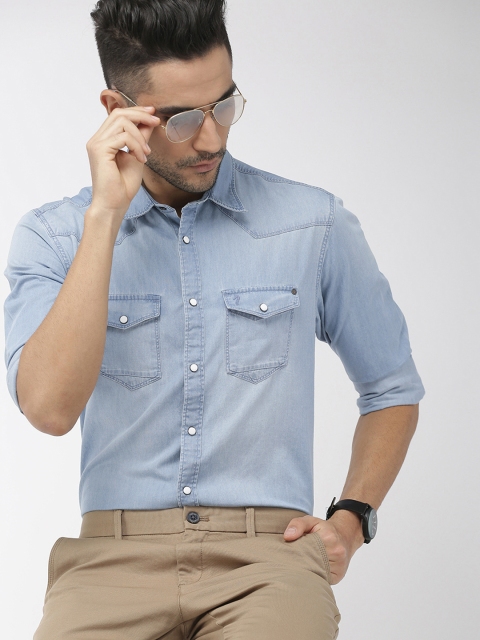 

Indian Terrain Men Blue Chiseled Slim Fit Solid Smart Casual Chambray Shirt