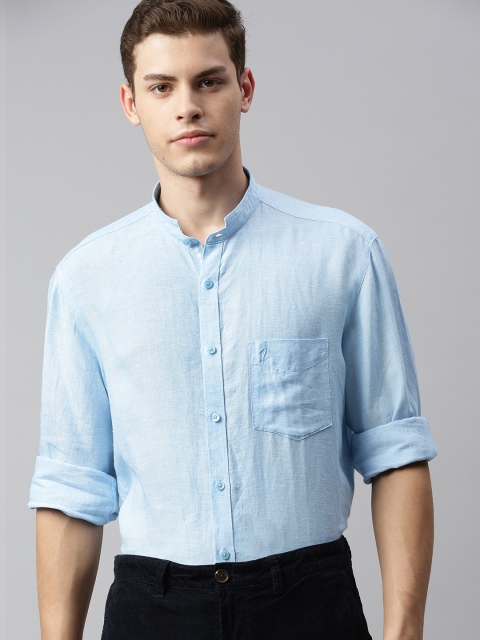 

Indian Terrain Men Blue Slim Fit Solid Linen Smart Casual Shirt