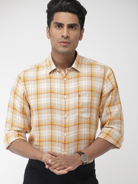 

Indian Terrain Men Yellow & Brown Slim Fit Checked Linen Casual Shirt