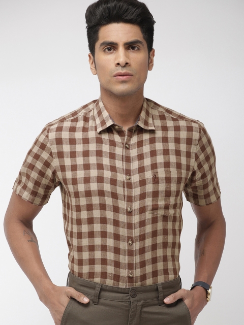 

Indian Terrain Men Brown & Beige Slim Fit Checked Smart Casual Linen Shirt