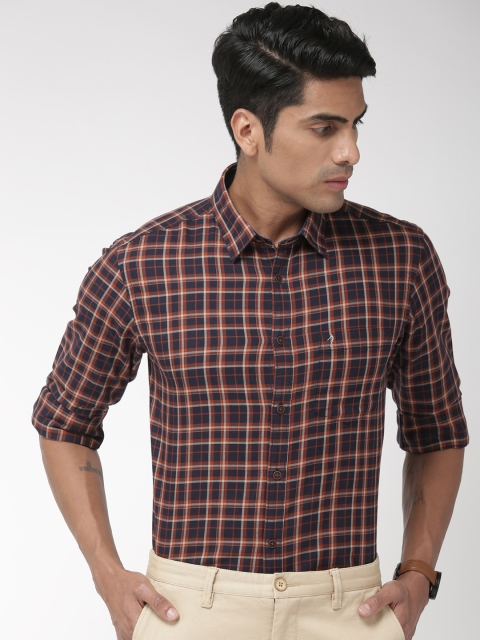 

Indian Terrain Men Navy Blue & Brown Slim Fit Checked Smart Casual Shirt