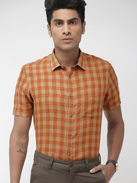 

Indian Terrain Men Rust Orange & Beige Slim Fit Checked Smart Casual Linen Shirt