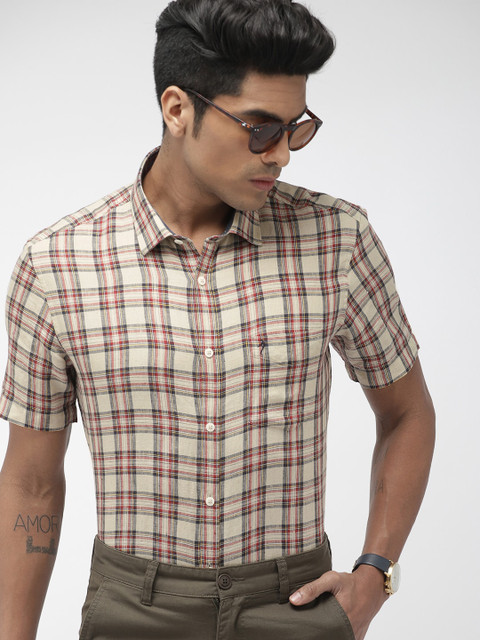 

Indian Terrain Men Beige & Red Slim Fit Checked Smart Casual Linen Shirt