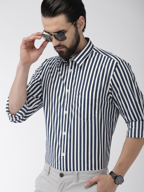 

Indian Terrain Men Navy Blue & White Slim Fit Striped Smart Casual Shirt