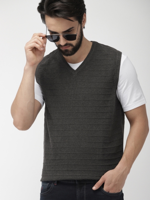 

Indian Terrain Men Charcoal Grey Self Design Sleeveless Sweater