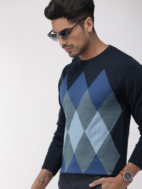 

Indian Terrain Men Navy Blue Self-Design Pullover Sweater