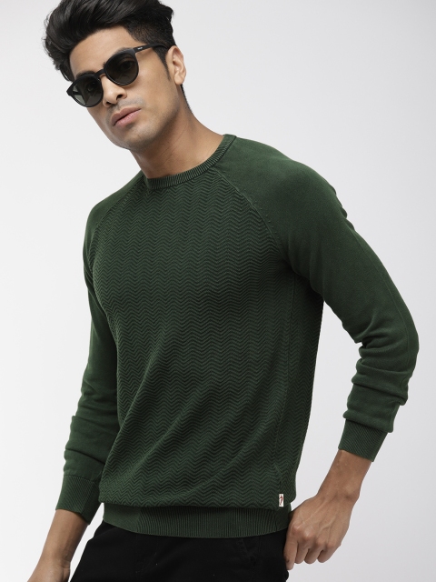 

Indian Terrain Men Olive Green Self Design Sweater