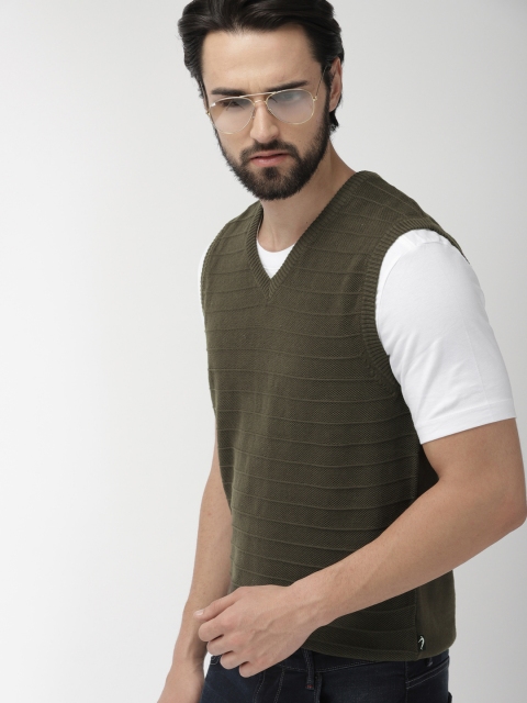 

Indian Terrain Men Olive Green Self Design Sleeveless Sweater
