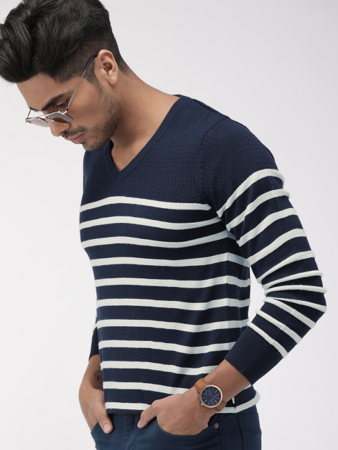 

Indian Terrain Men Navy Blue & White Striped Pullover Sweater