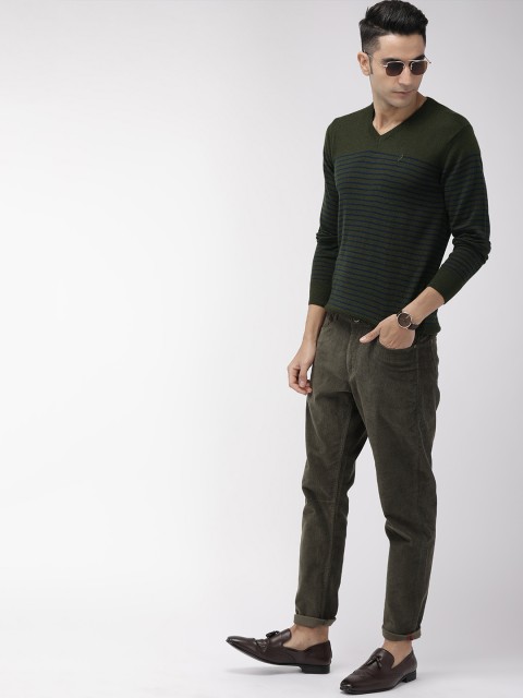 

Indian Terrain Men Olive Green & Navy Blue Striped Pullover Sweater