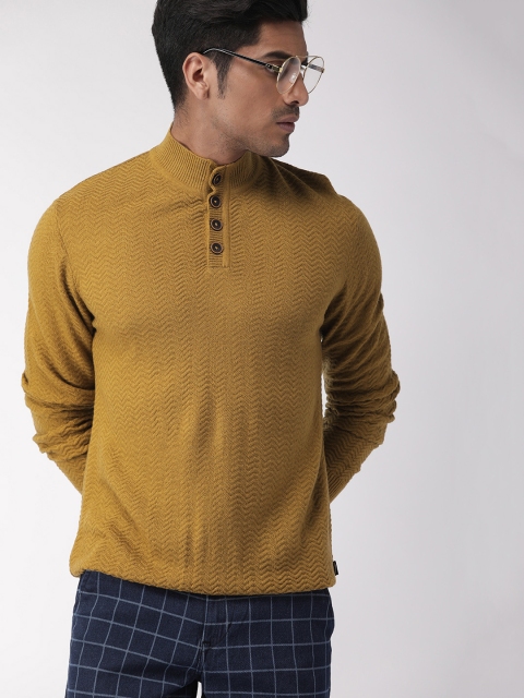 

Indian Terrain Men Mustard Yellow Self-Design Pullover Sweater