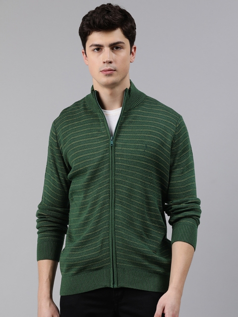 

Indian Terrain Men Green & Yellow Striped Front-Open Sweater