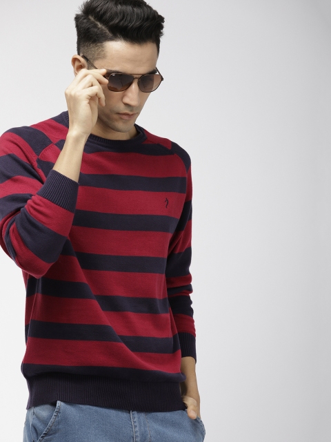 

Indian Terrain Men Navy Blue & Maroon Striped Sweater