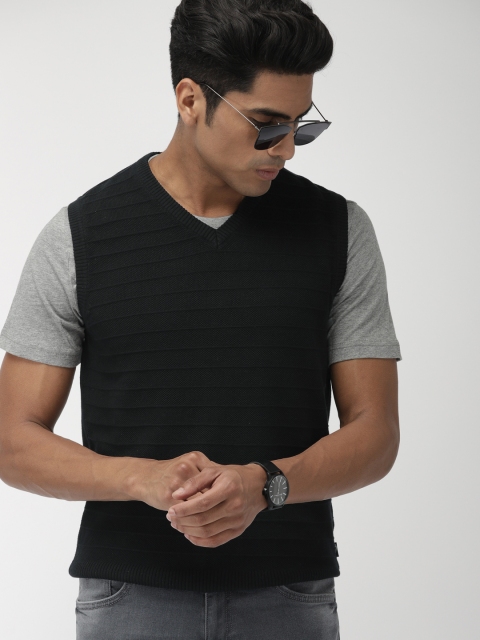 

Indian Terrain Men Black Self Design Sleeveless Sweater