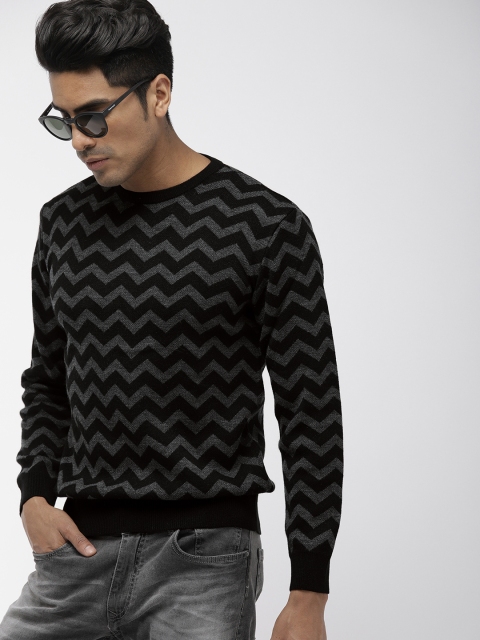 

Indian Terrain Men Black & Grey Self Design Sweater