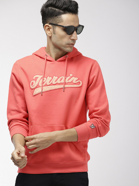 

Indian Terrain Men Coral Pink Printed Hooded Sweatshirt