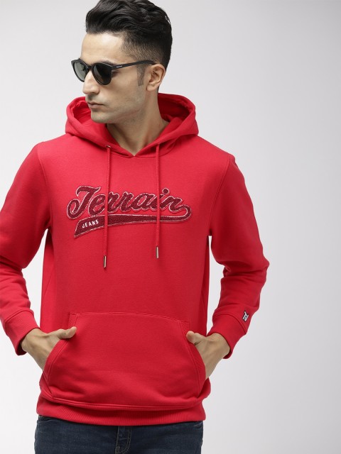 

Indian Terrain Men Mustard Yellow Printed Hooded Sweatshirt, Red