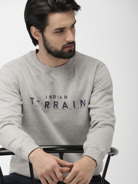 

Indian Terrain Men Grey Melange & Navy Blue Printed Sweatshirt