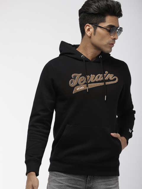 

Indian Terrain Men Black Printed Hooded Sweatshirt