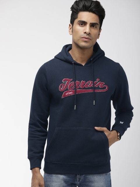 

Indian Terrain Men Navy Blue Printed Hooded Sweatshirt