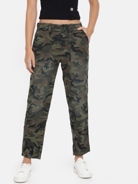 

GAP Women Olive Green & Black Regular Fit Camouflage Printed Chinos