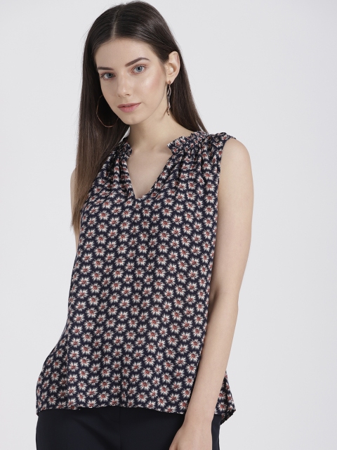

GAP Women's Print Ruffle Split-Neck Top, Navy blue