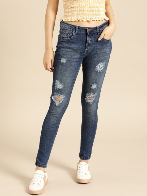 

DressBerry Women Navy Blue Skinny Fit Mid-Rise Mildly Distressed Stretchable Ankle Length Jeans